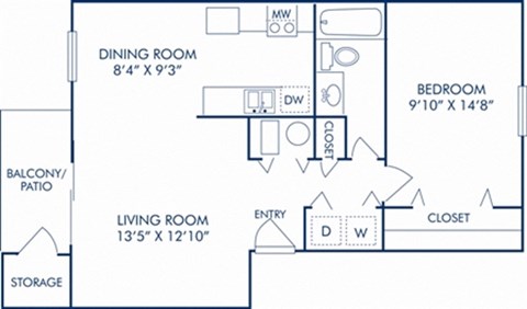 Floor plan for 1 bed, 1 bath, 648 sqft